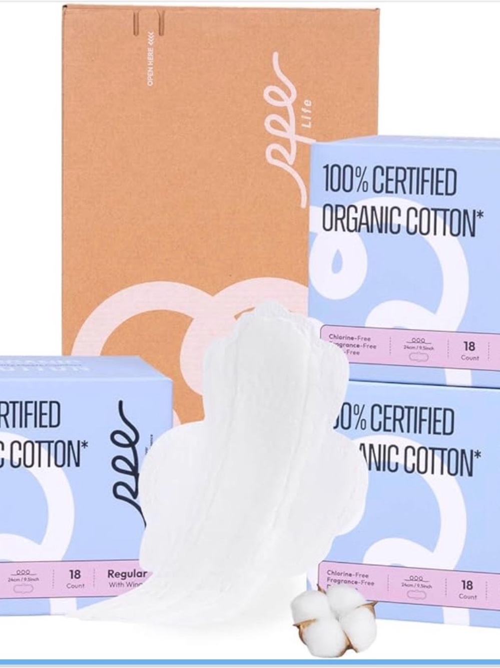 RPE Organic Cotton Sanitary Pads w/Wings 3 boxes of 18